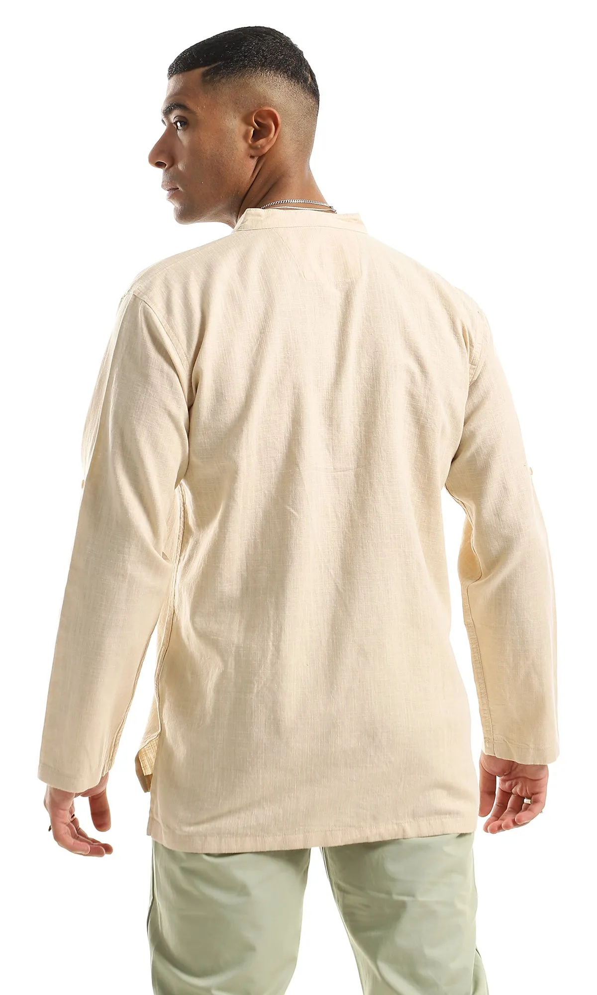 97030 Mandarin Collar Buttoned Long Sleeves Beige Henley Shirt