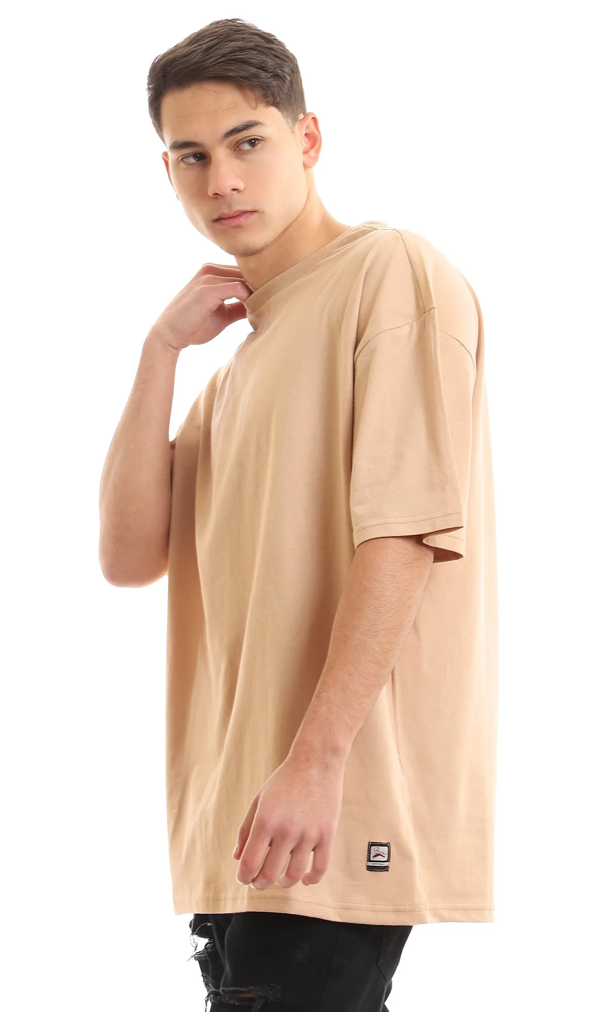 97687 Short Sleeves Basic Dark Beige Slip On T-Shirt