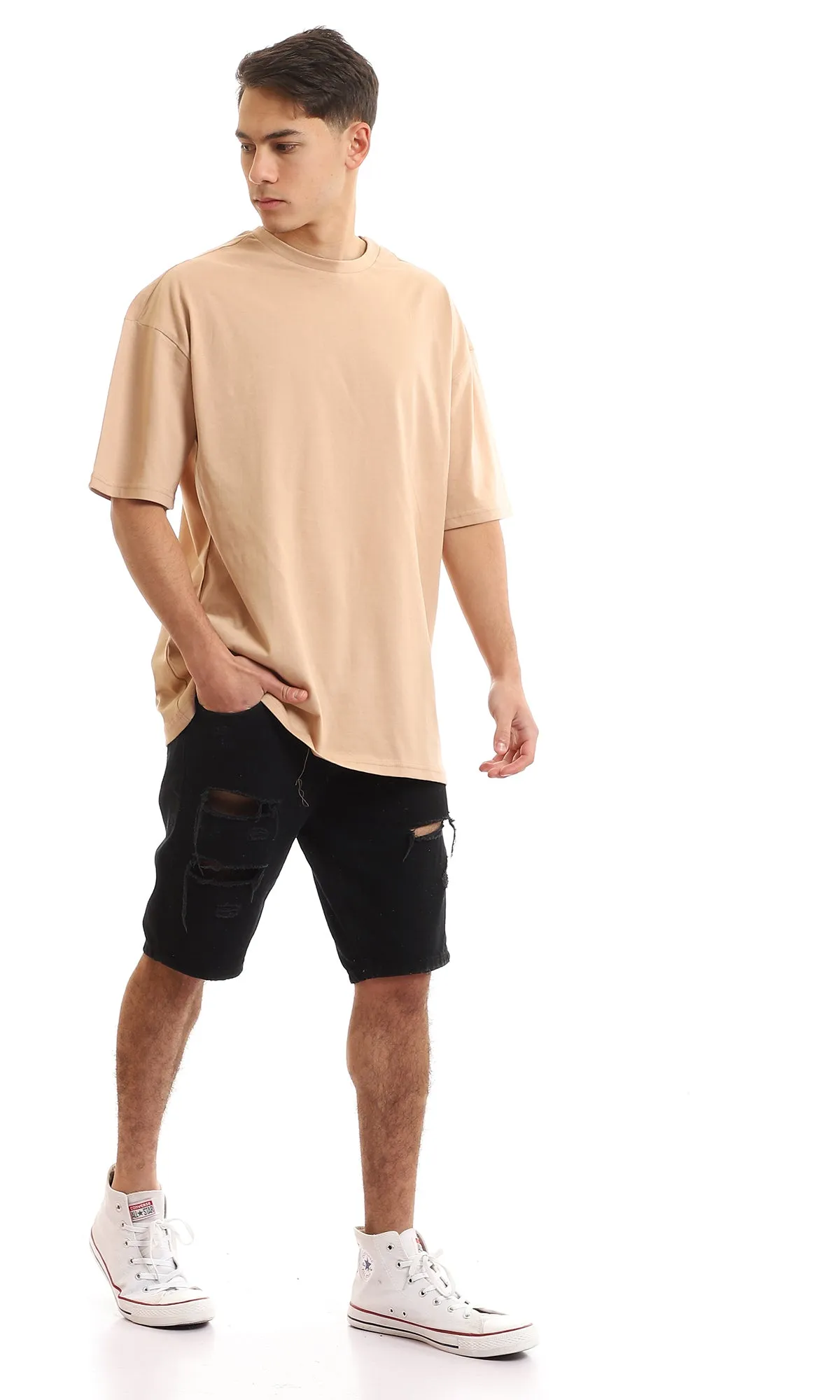 97687 Short Sleeves Basic Dark Beige Slip On T-Shirt