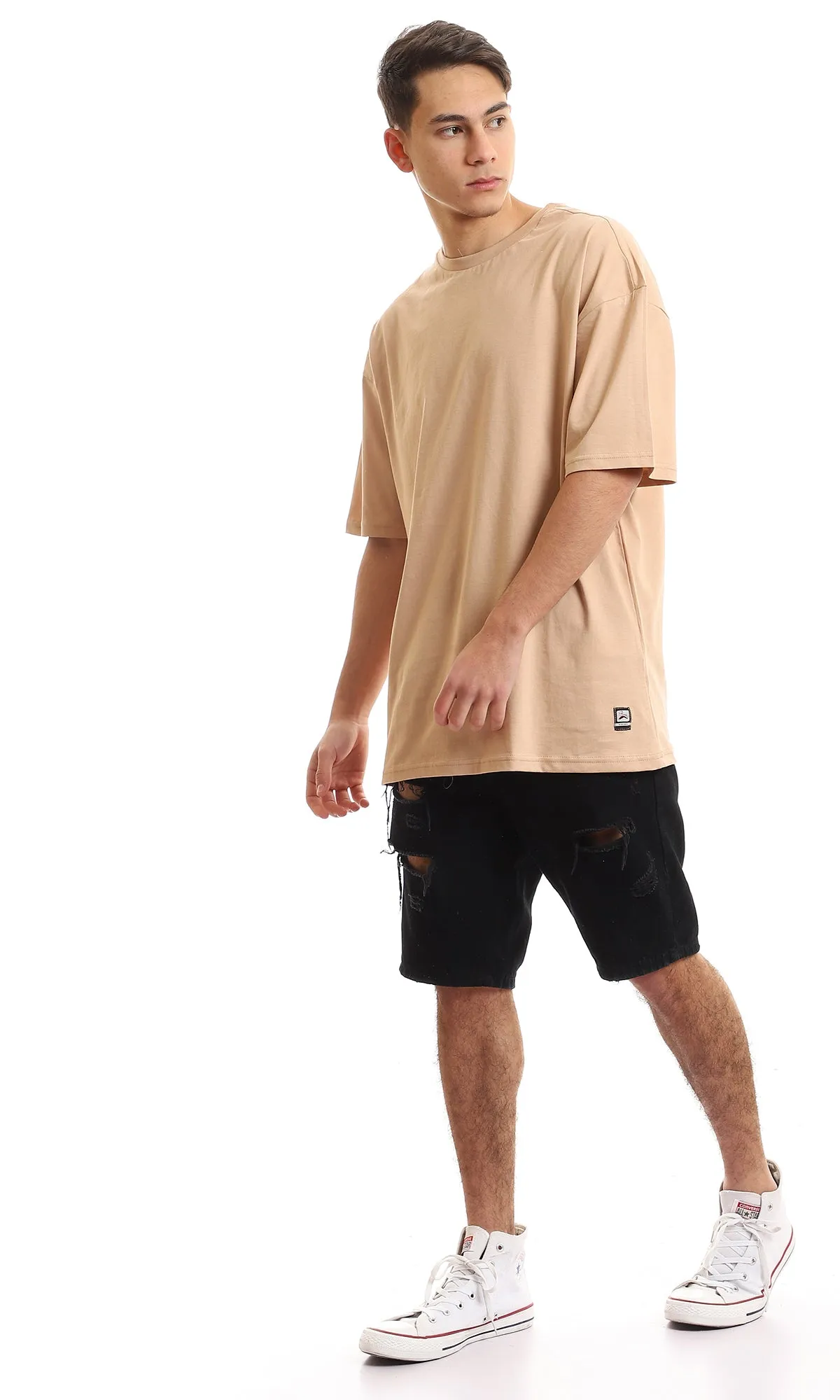 97687 Short Sleeves Basic Dark Beige Slip On T-Shirt