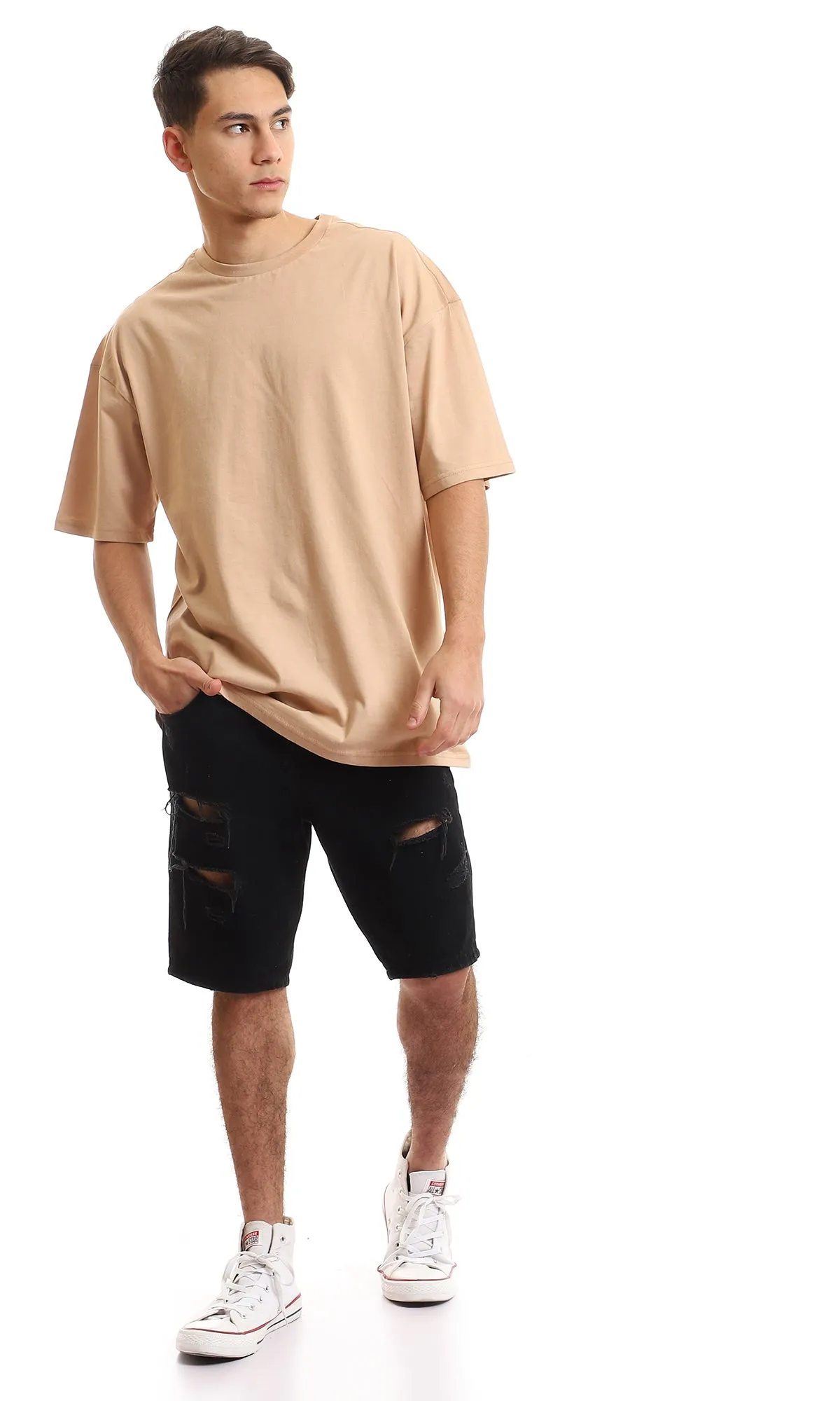 97687 Short Sleeves Basic Dark Beige Slip On T-Shirt