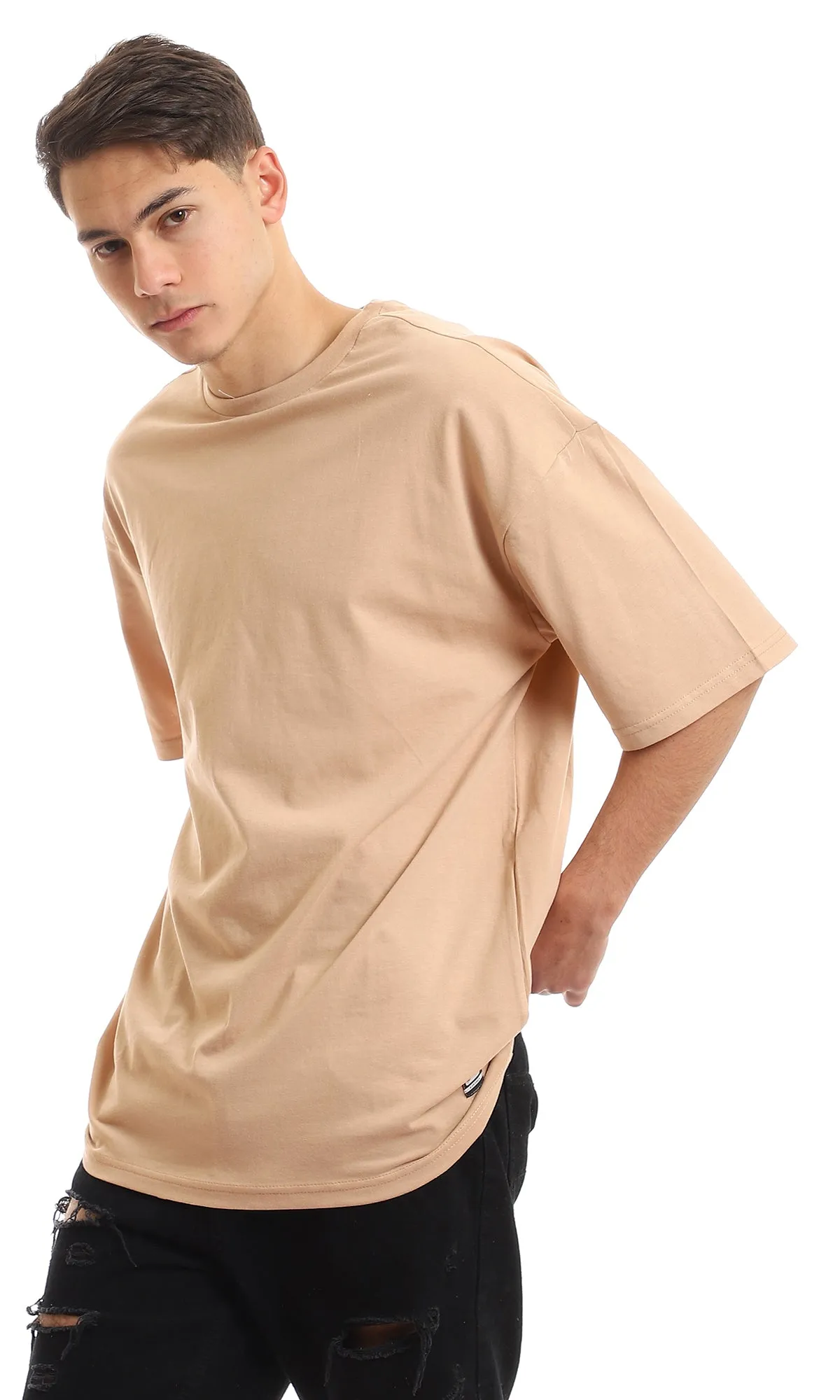 97687 Short Sleeves Basic Dark Beige Slip On T-Shirt
