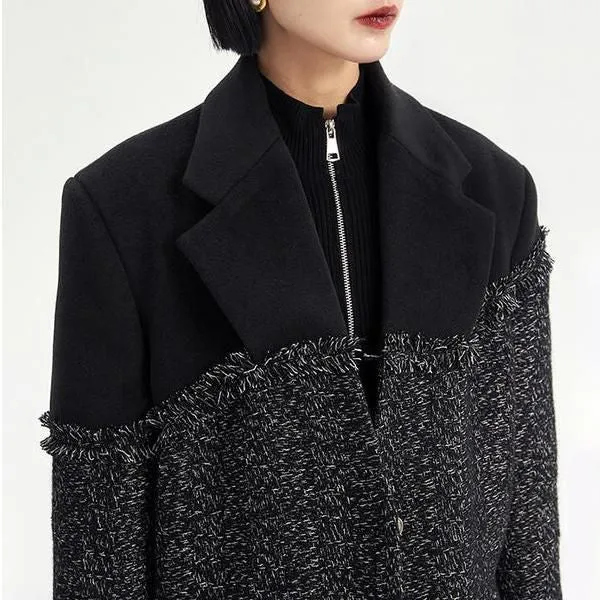 Black Tweed Woolen Coat Parkas