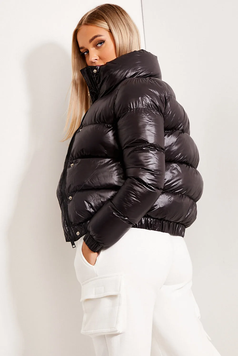 Black Wet Look Puffer Jacket