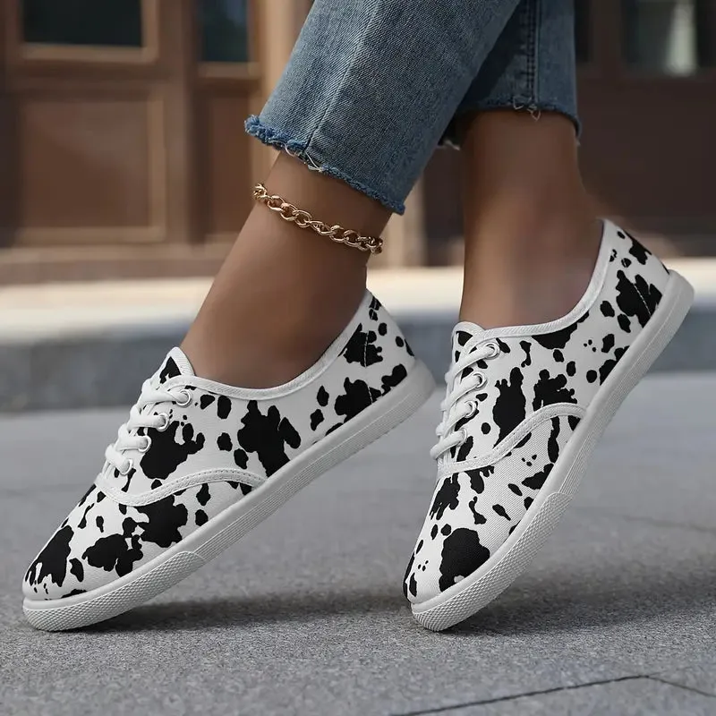 Dames slip-on loafers-licht canvas schoenen met koeienprint