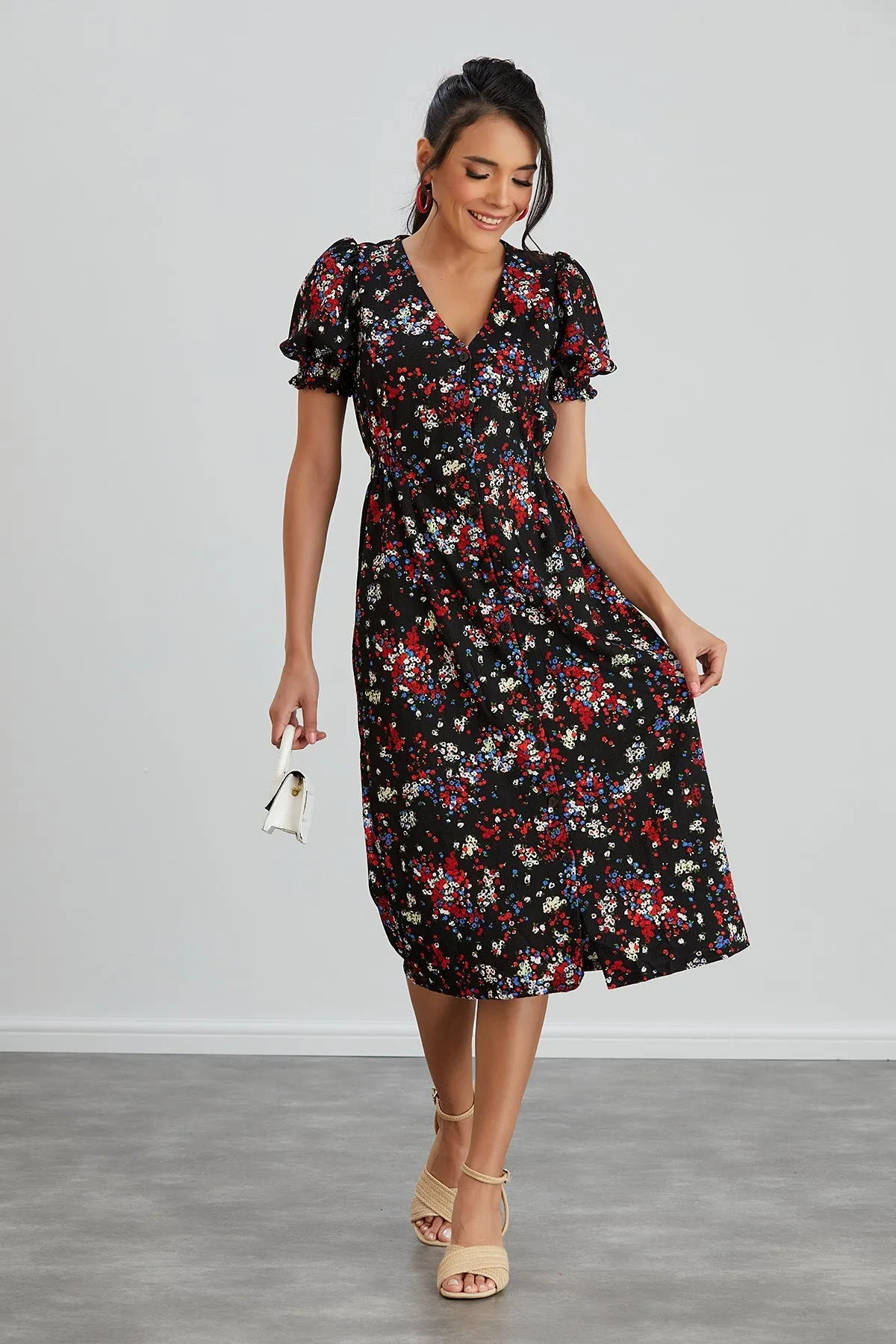 Feminine Black Floral Midi Dress