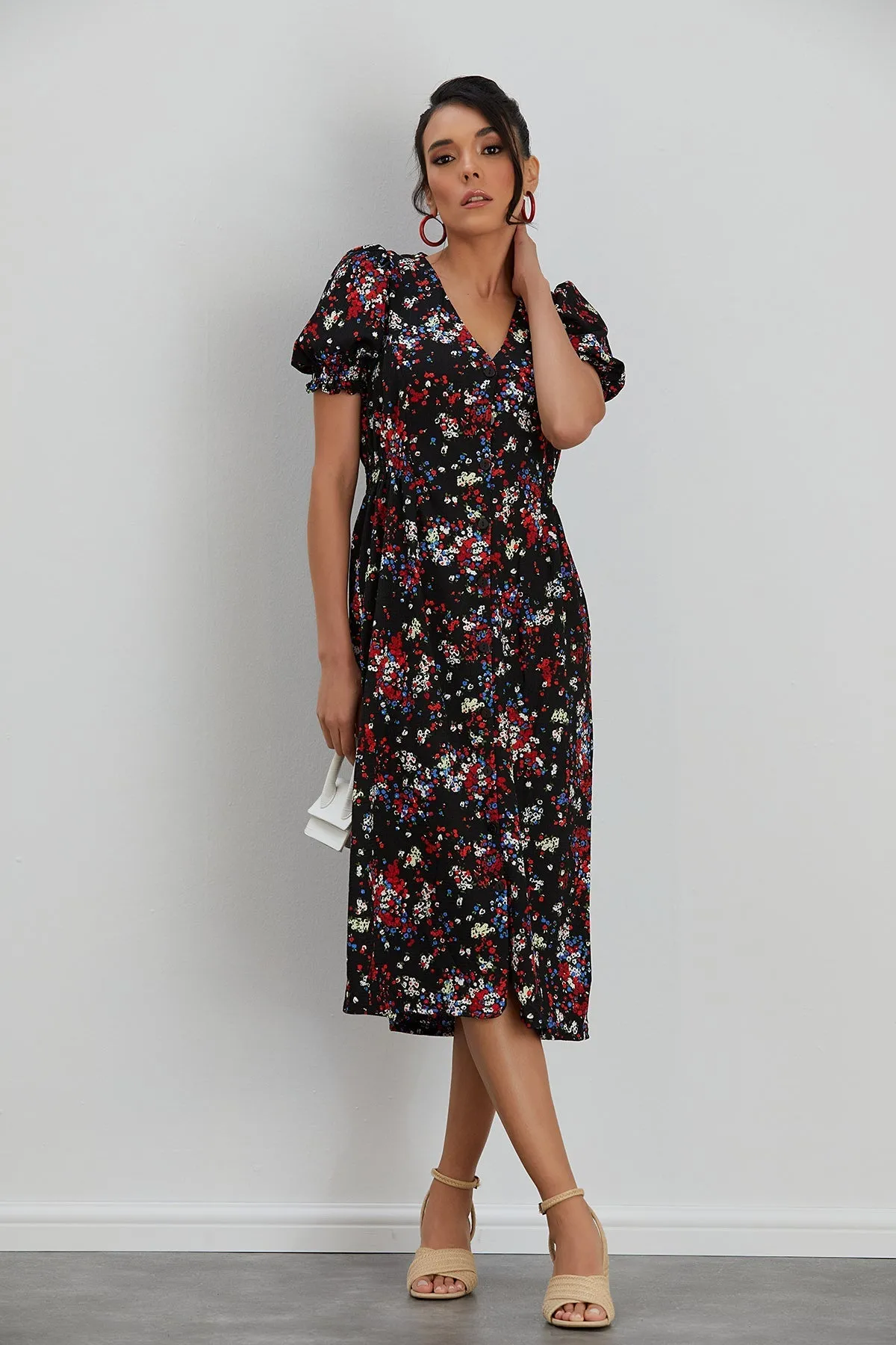 Feminine Black Floral Midi Dress