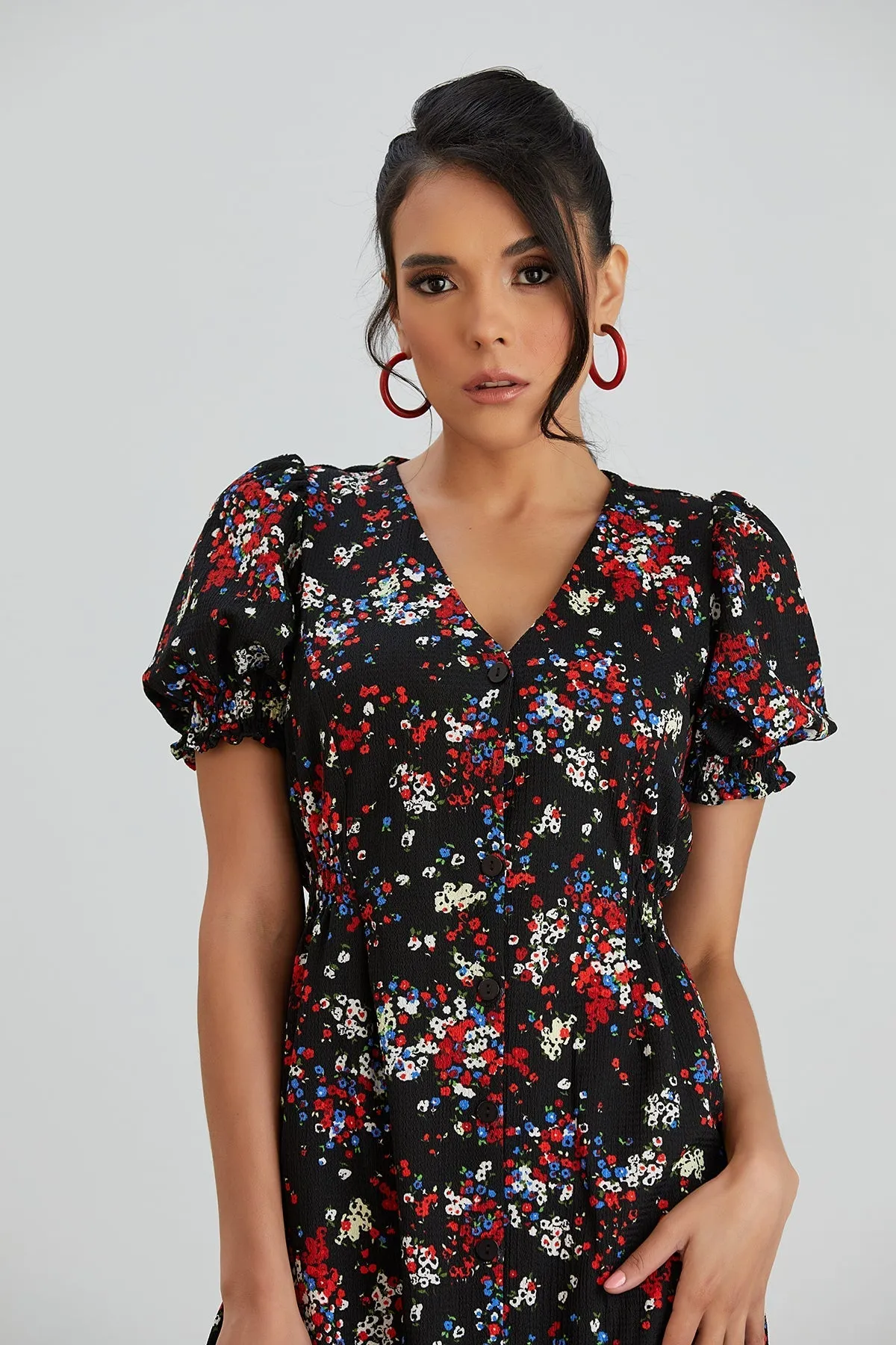 Feminine Black Floral Midi Dress