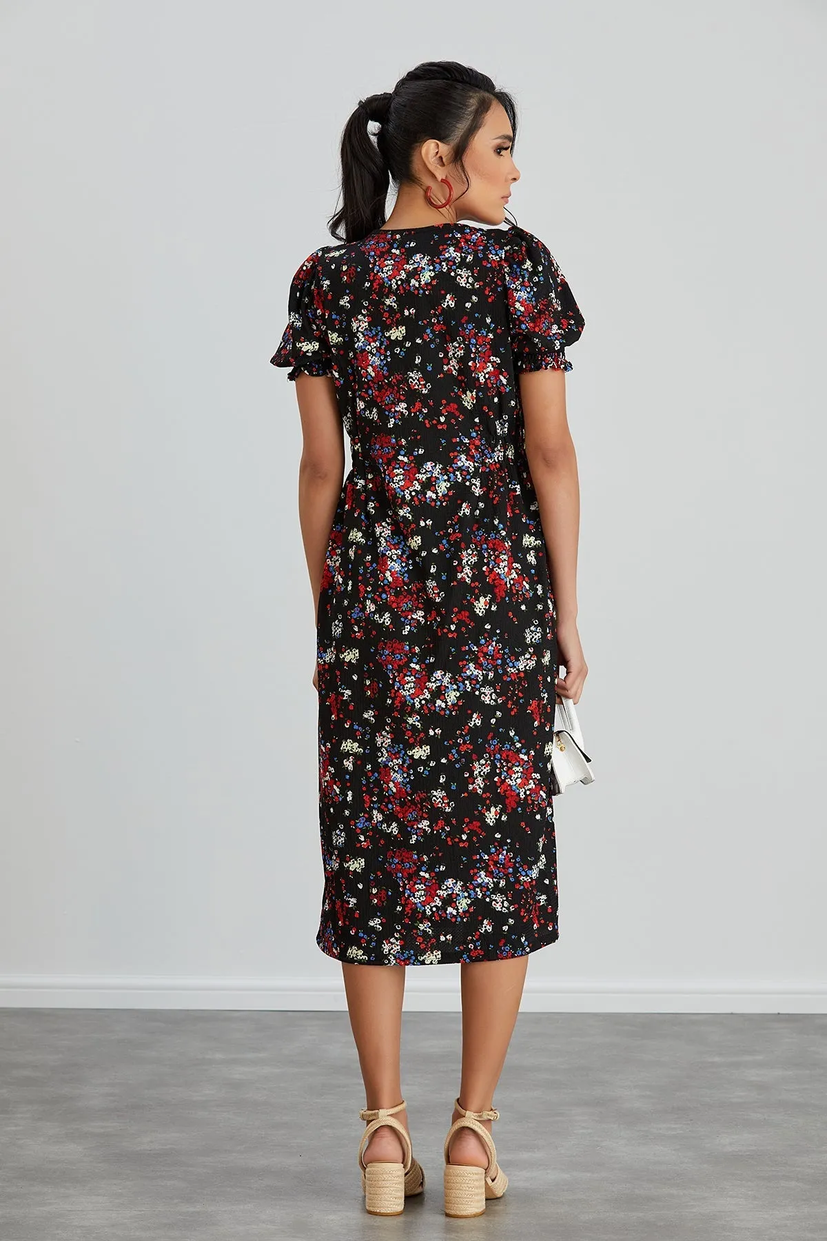 Feminine Black Floral Midi Dress