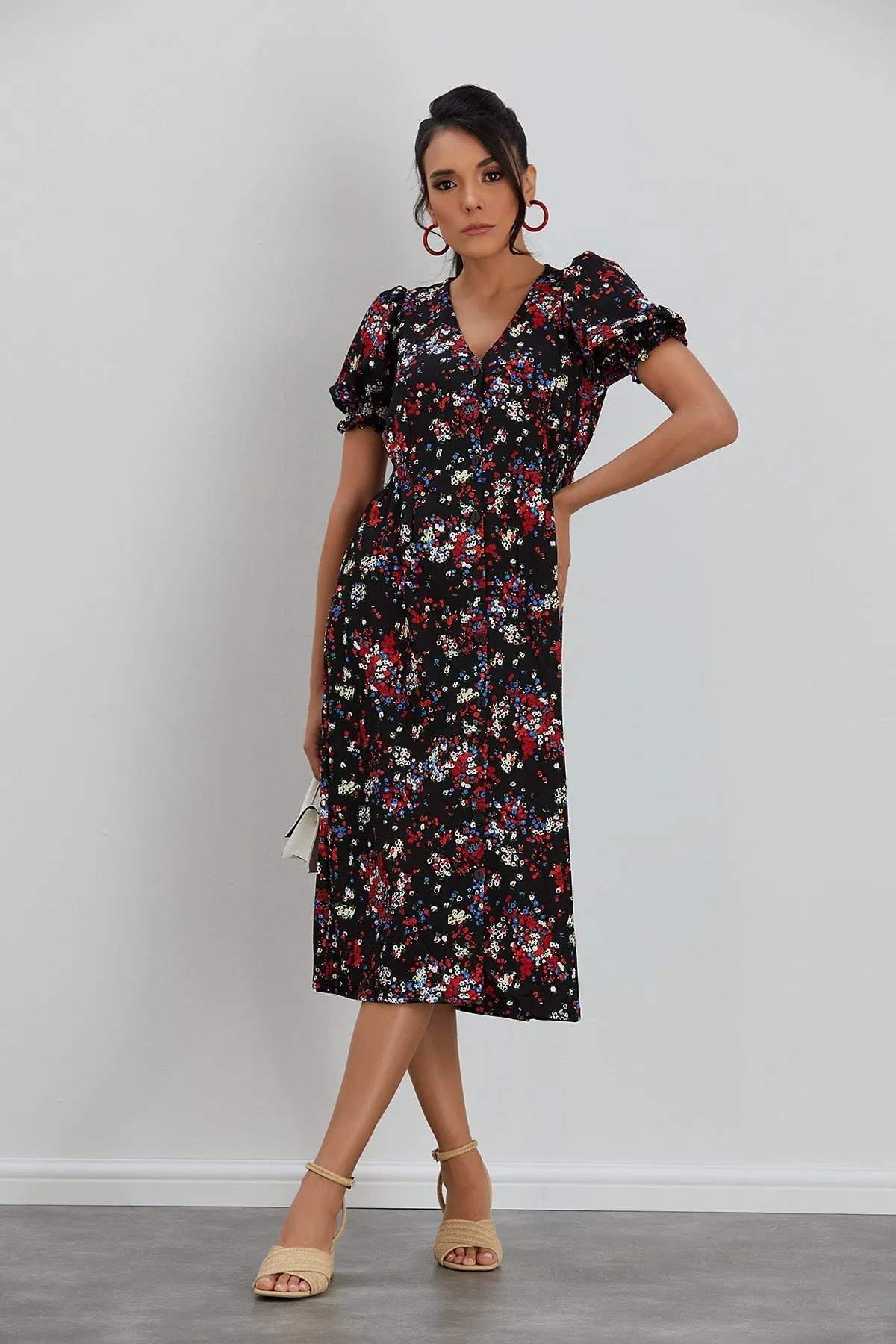 Feminine Black Floral Midi Dress