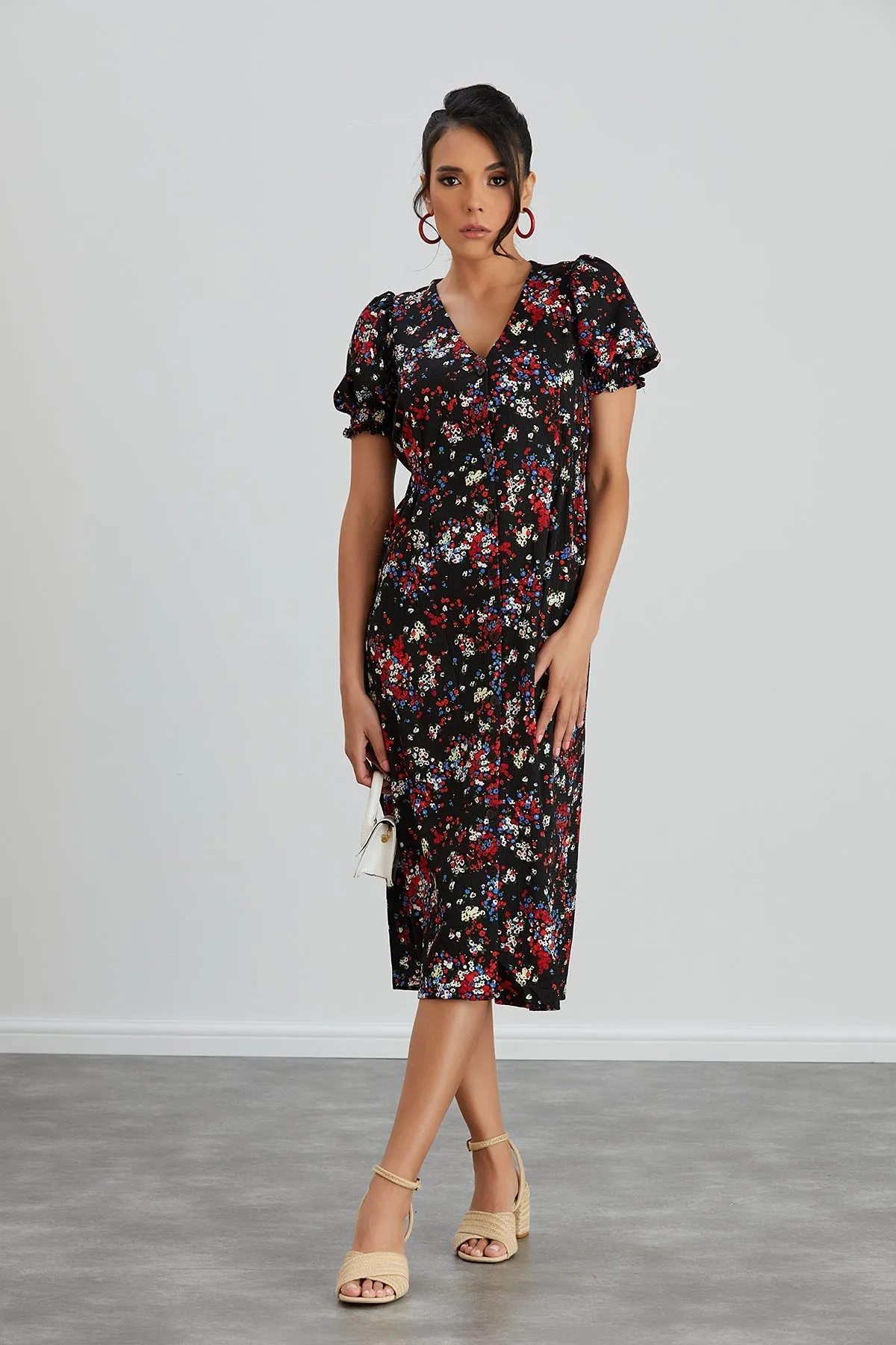 Feminine Black Floral Midi Dress