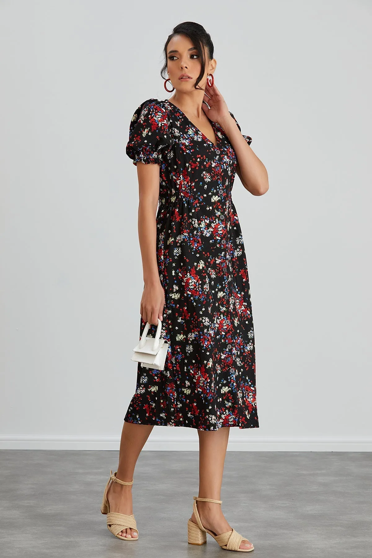 Feminine Black Floral Midi Dress