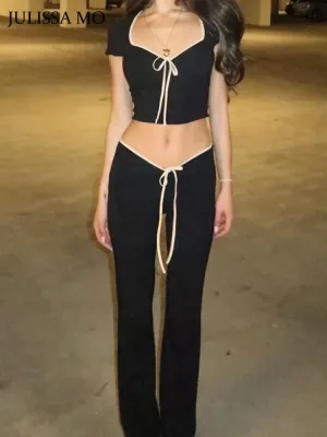 Girlary Female Summer Square Neck Bandage Crop Top And Flare Pants Skinny Set Women High Waist Pants Outfits Two Piece Sets