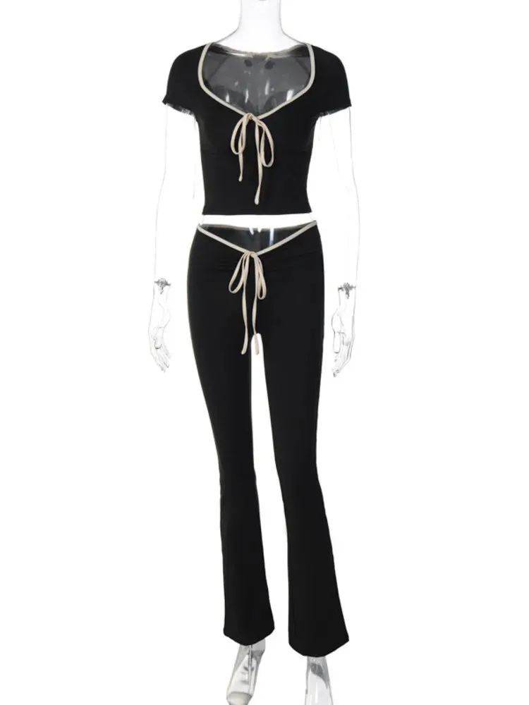 Girlary Female Summer Square Neck Bandage Crop Top And Flare Pants Skinny Set Women High Waist Pants Outfits Two Piece Sets