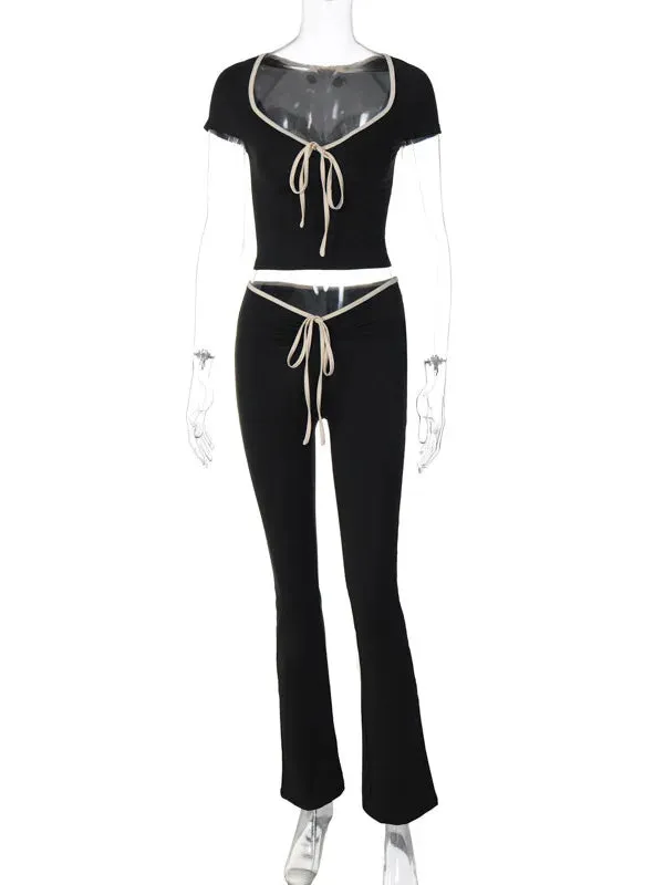 Girlary Female Summer Square Neck Bandage Crop Top And Flare Pants Skinny Set Women High Waist Pants Outfits Two Piece Sets