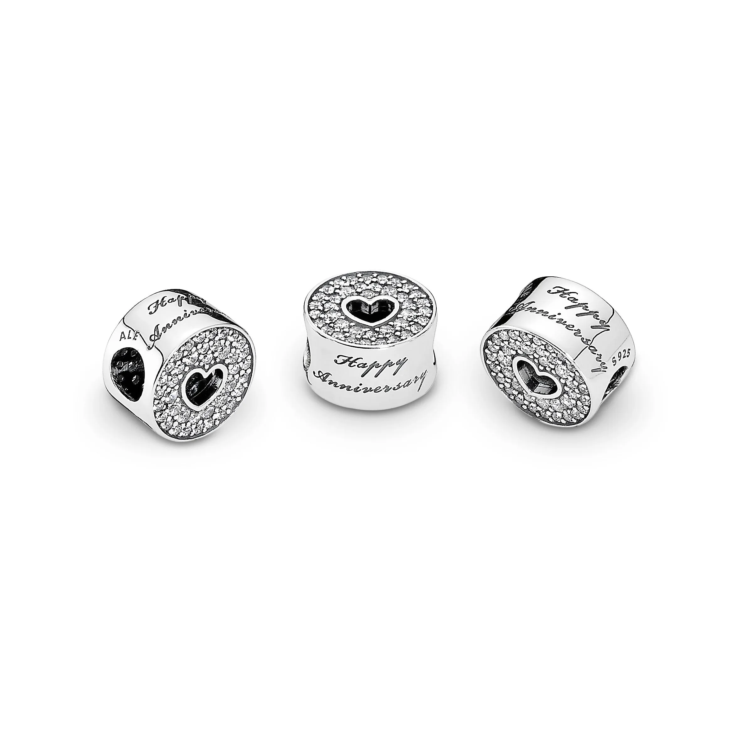 Happy Anniversary silver charm with clear cubic zirconia