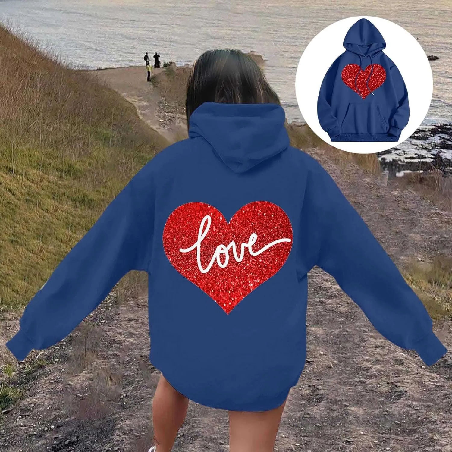 Hoodie Women Love Graphic Print Y2K Hoodies Oversized Casual Drawstring Long Sleeve Pullover Tops with Pockets