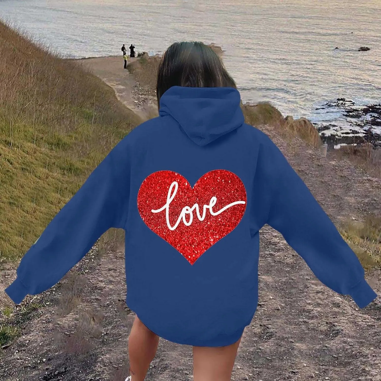 Hoodie Women Love Graphic Print Y2K Hoodies Oversized Casual Drawstring Long Sleeve Pullover Tops with Pockets