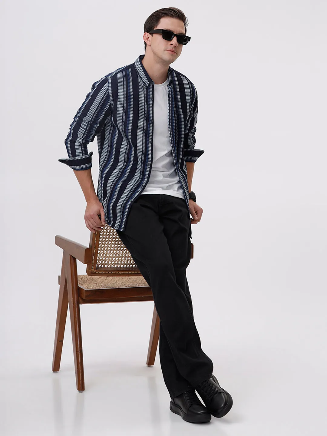 Men's Lift Navy-White Stripes Cotton Slim Fit Shirt