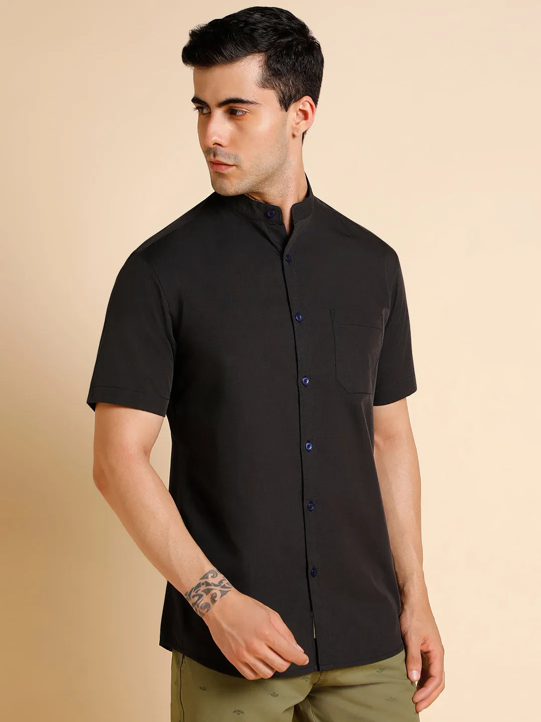 Men's Mandarin Collar Slim Fit Solid Black Shirts