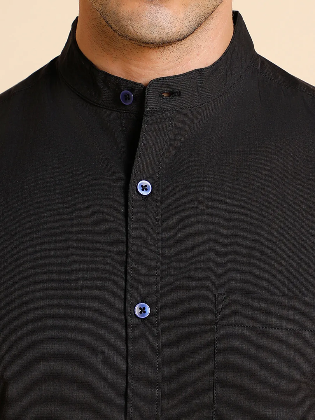 Men's Mandarin Collar Slim Fit Solid Black Shirts