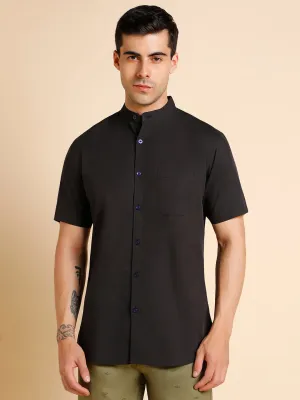 Men's Mandarin Collar Slim Fit Solid Black Shirts