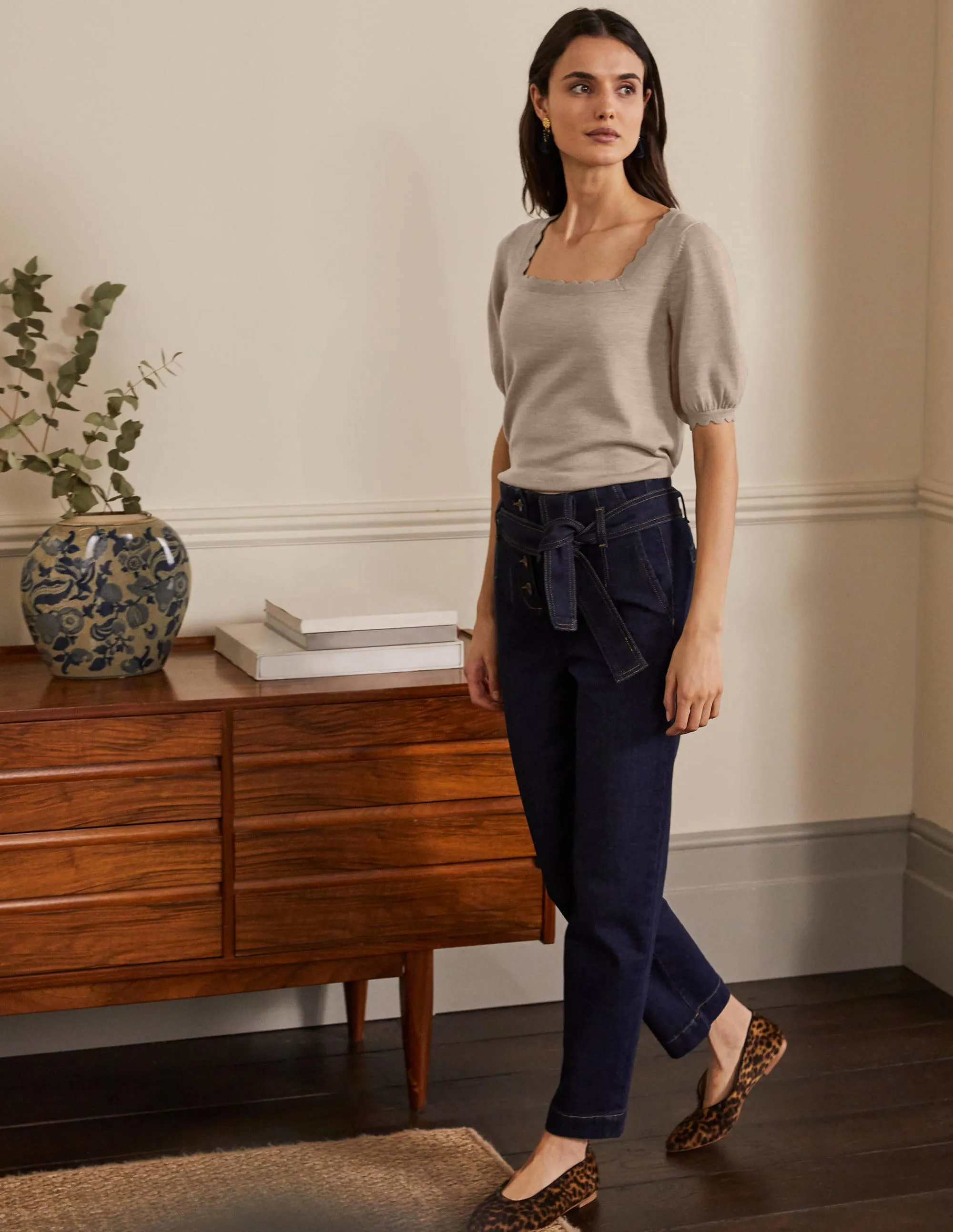 Merino Scallop Knitted Top-Mink Melange
