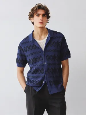 Navy Blue Geometric Knit Polo