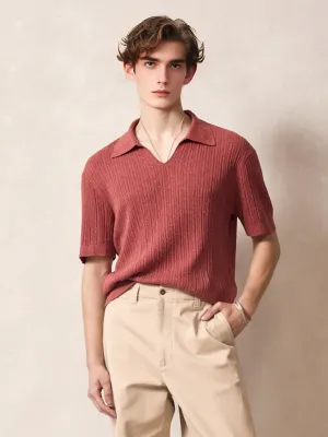 Plain Ribbed Knit V Neck Polo