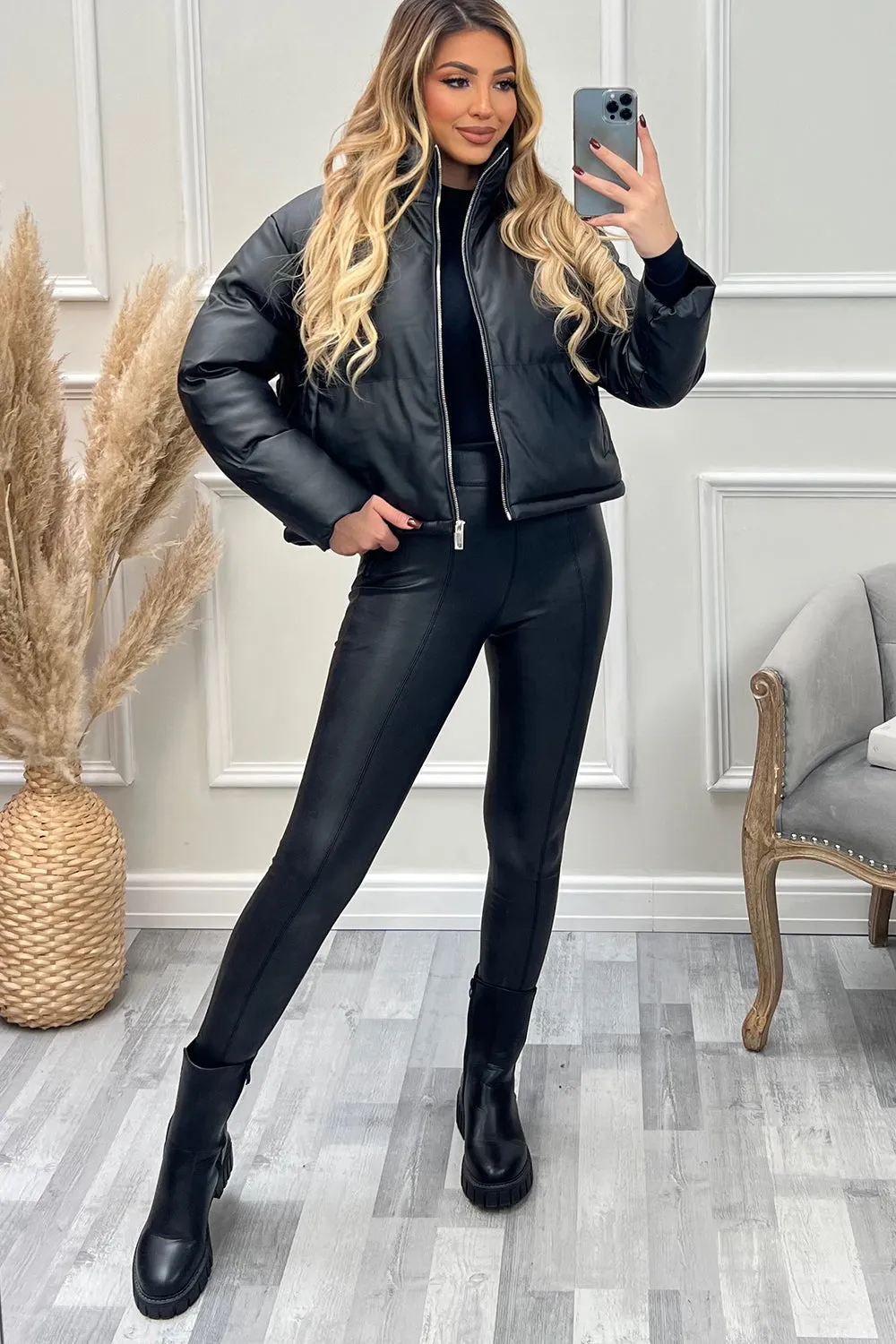 Remi Black PU Faux Leather Puffer Jacket