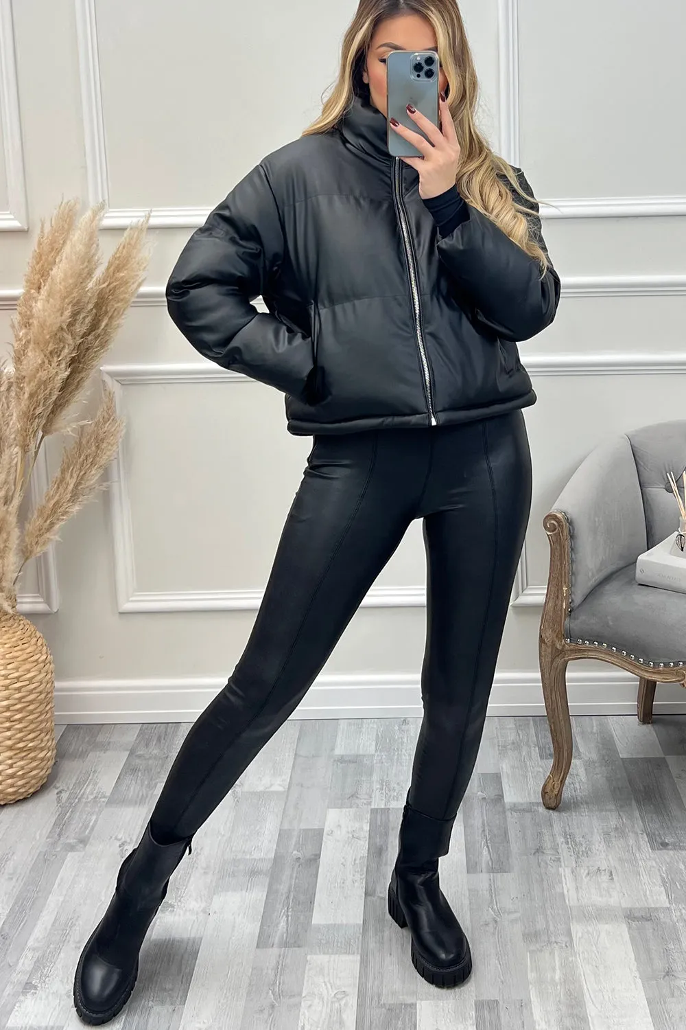 Remi Black PU Faux Leather Puffer Jacket