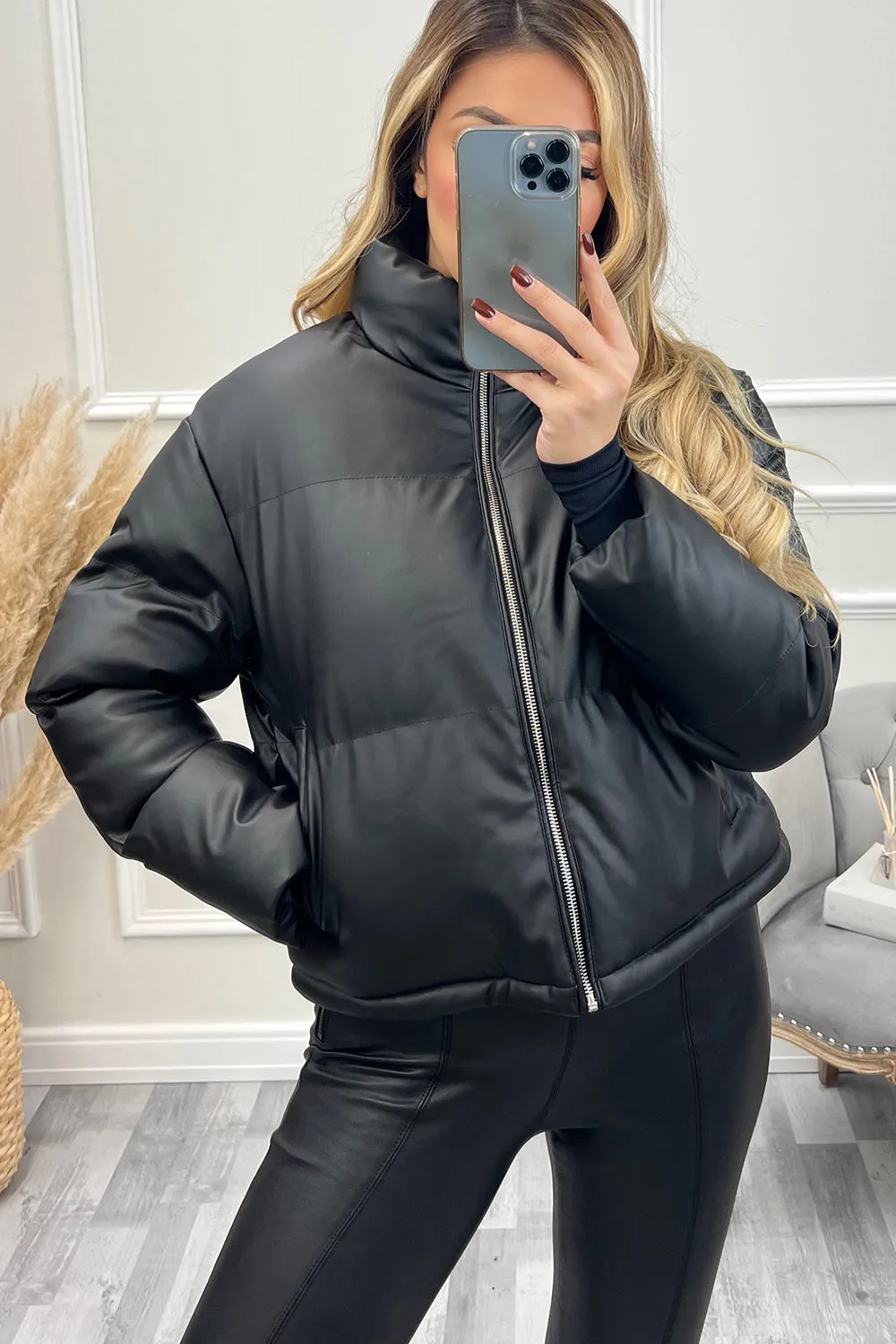 Remi Black PU Faux Leather Puffer Jacket