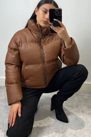 Remi Brown PU Faux Leather Puffer Jacket