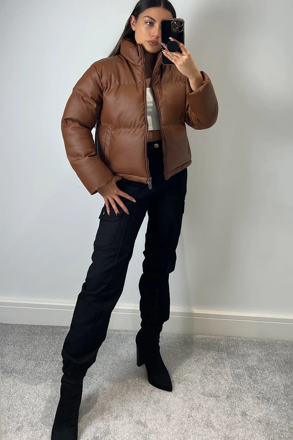 Remi Brown PU Faux Leather Puffer Jacket