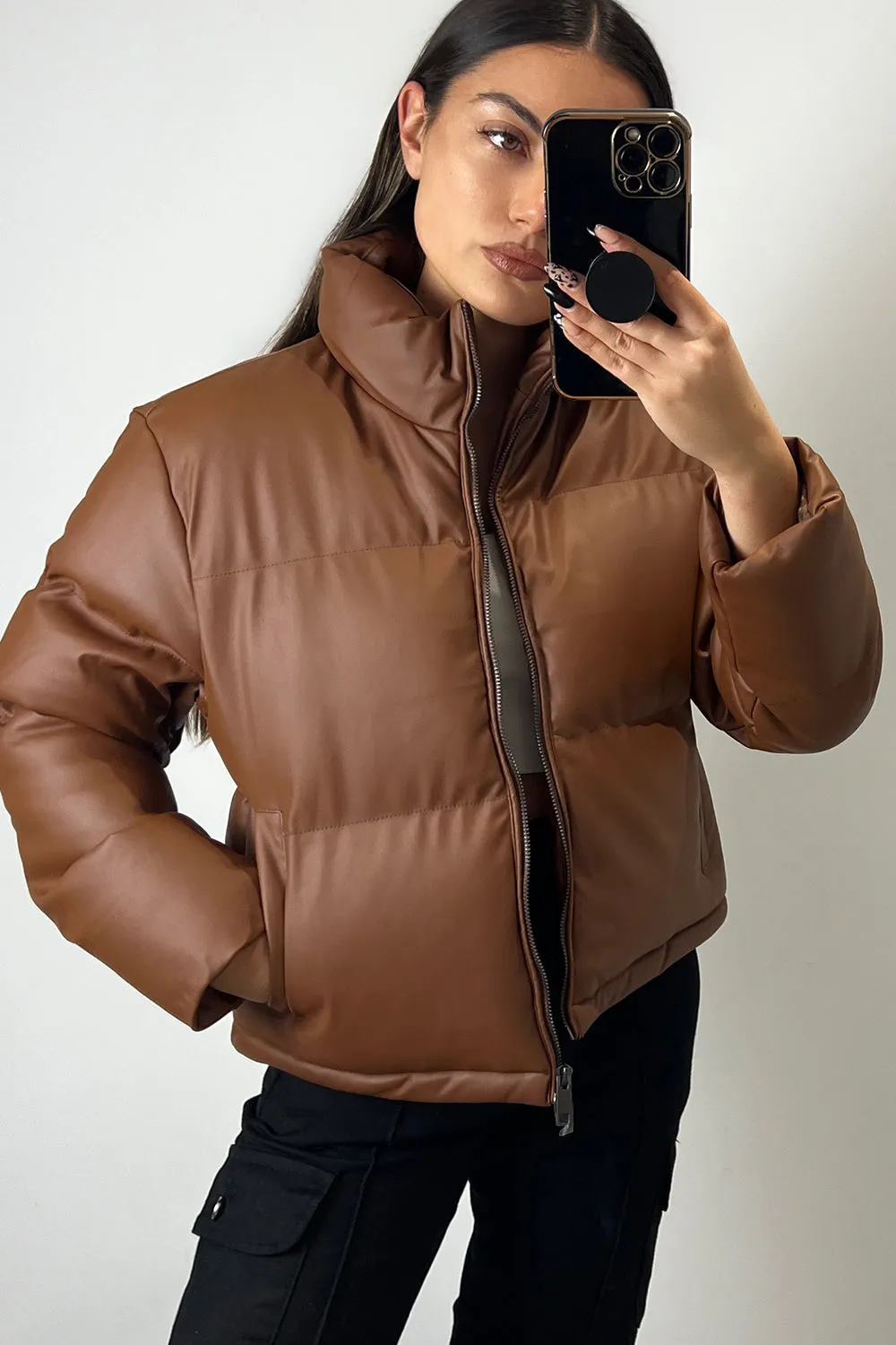 Remi Brown PU Faux Leather Puffer Jacket