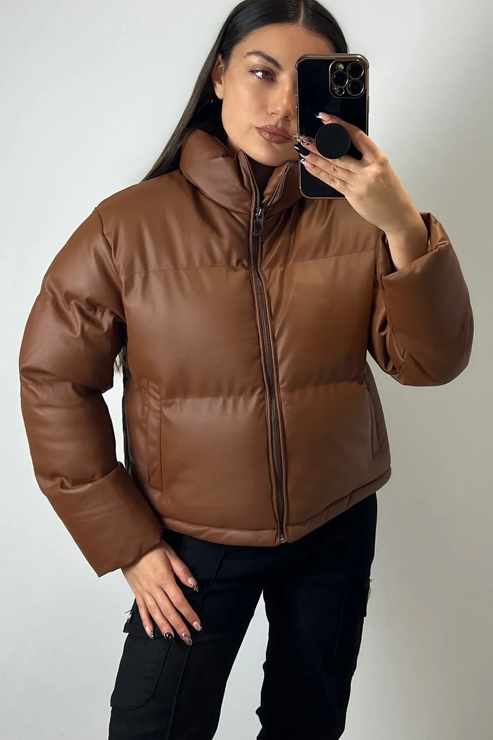 Remi Brown PU Faux Leather Puffer Jacket