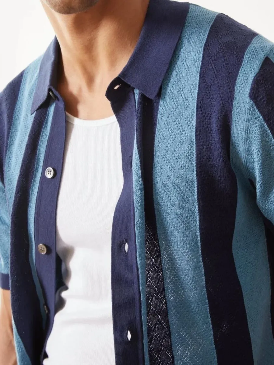 Retro Blue Striped Knit Polo