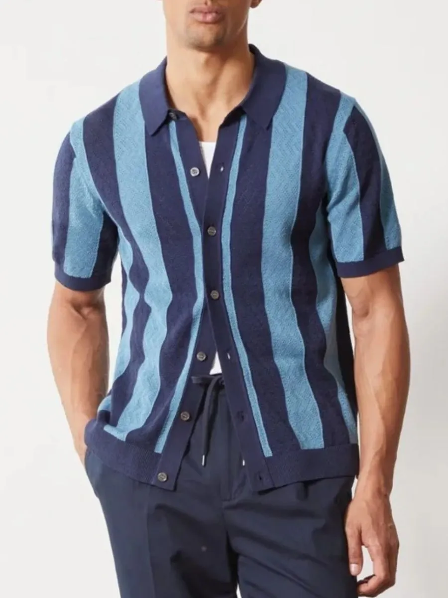 Retro Blue Striped Knit Polo