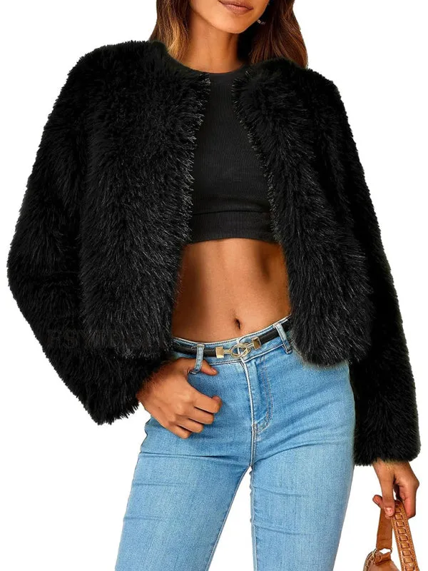 Women's Collarless Open Front Waist Length Fur Coat
