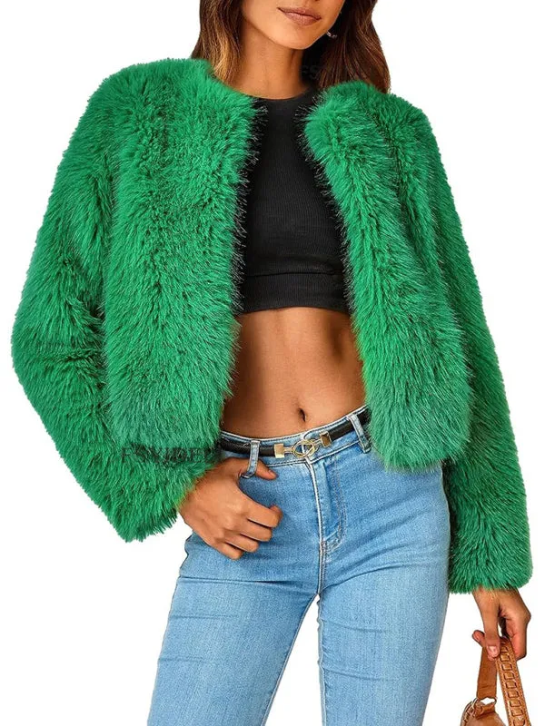 Women's Collarless Open Front Waist Length Fur Coat